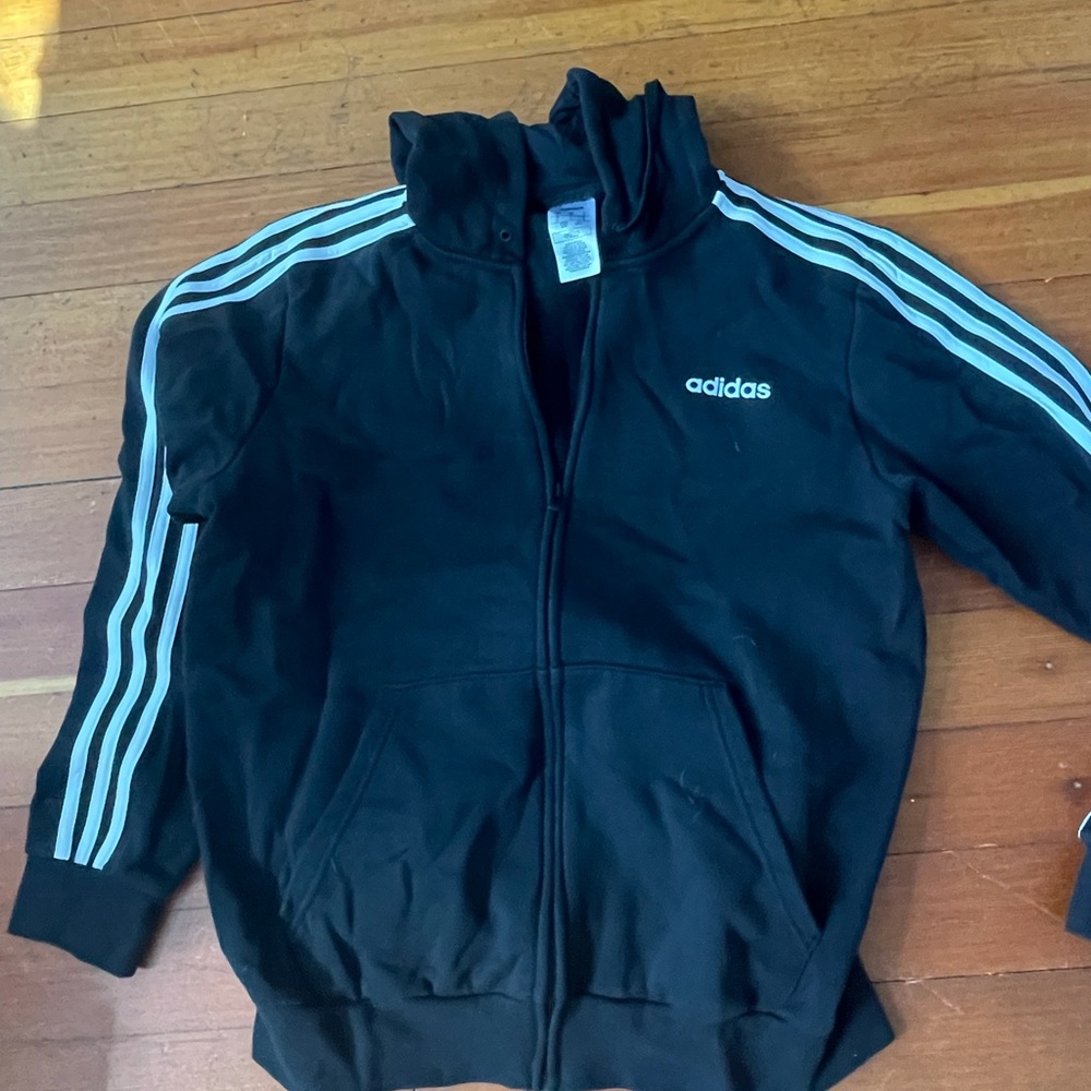 Adidas tri stripe zip hoodie, black with white.